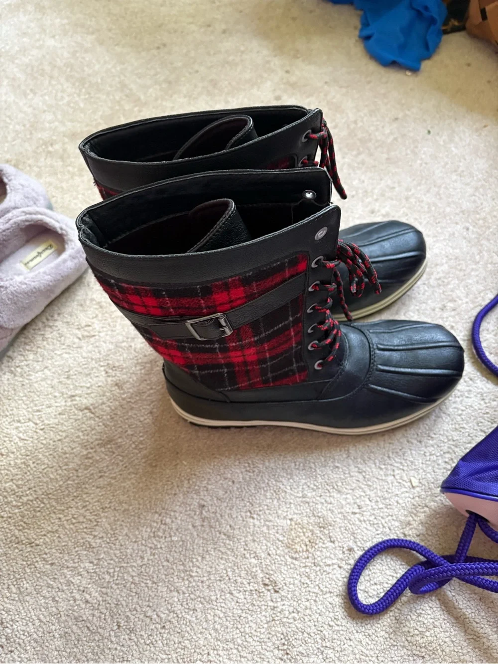 Women’s Black & Red Plaid Winter Duck Boots - Picture 2 of 6